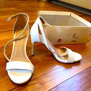 White ankle strap heels